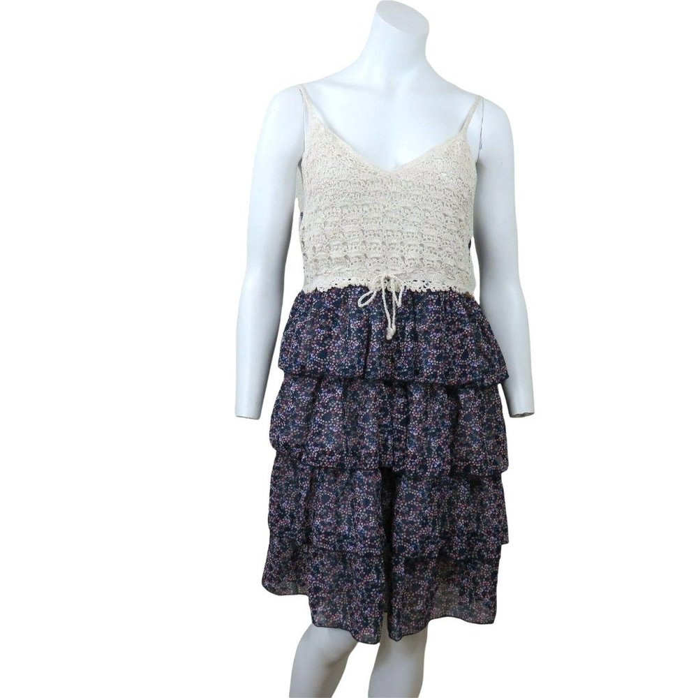 Keren Hart Slip Dress L Crocheted Tiered Ruffles Spaghetti Straps Lined NWT